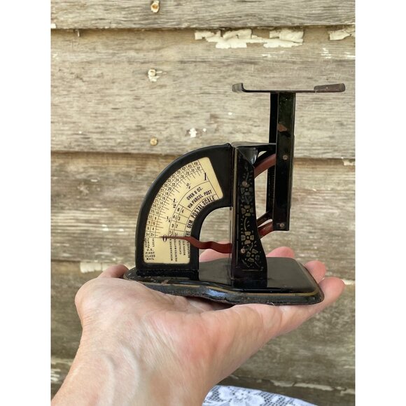 Antique 1910 Gem Postal Scale Tin Black Toleware Flowers - Picture 4 of 12